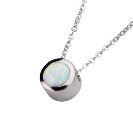 White Opal in Stainless Steel Bezel-set Necklace - Click Image to Close